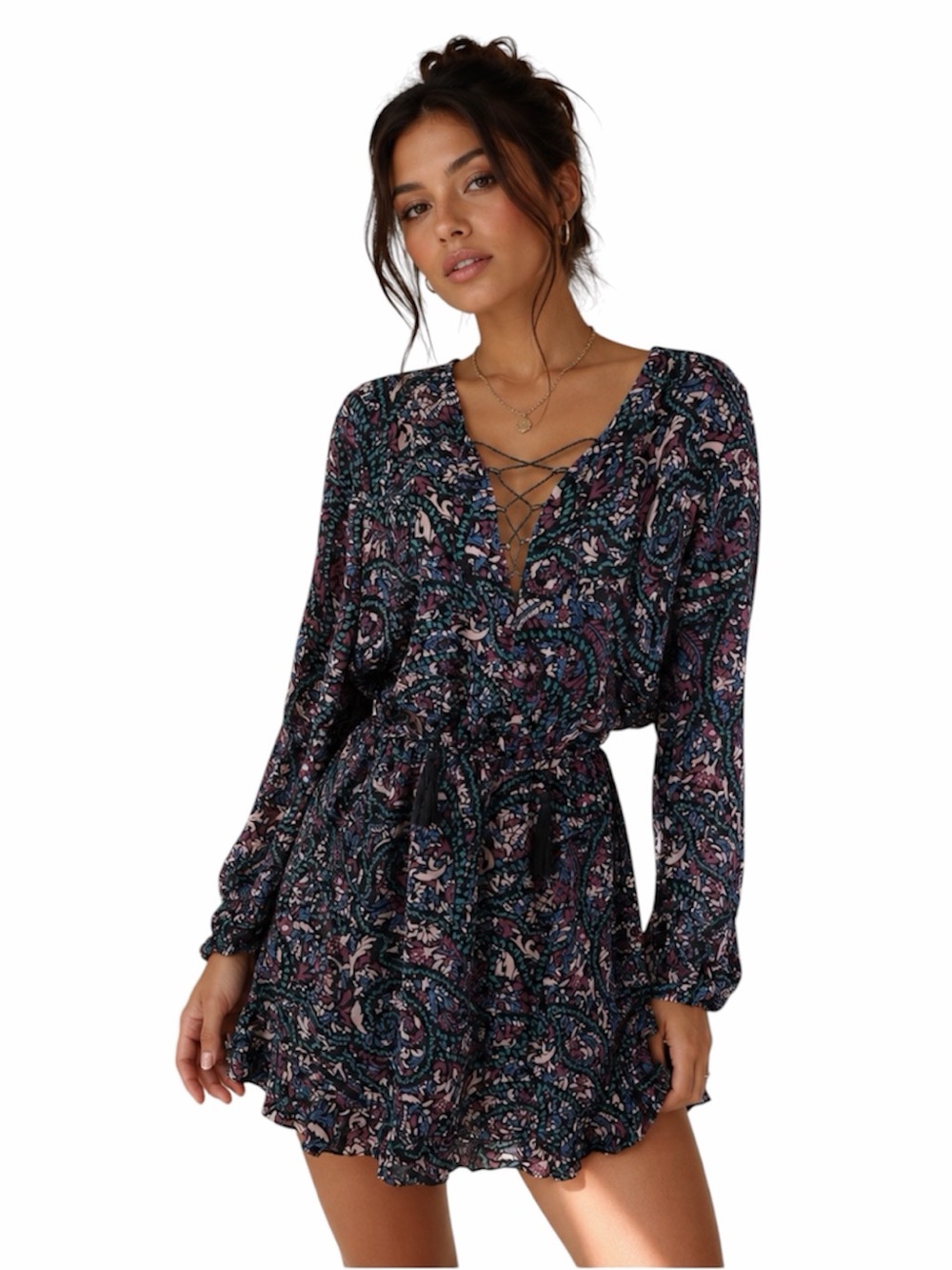 Jessica Simpson Navy and Pink Paisley Lace-Up Long Sleeve Mini Dress